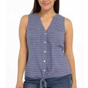 Anne Klein top blue & white striped 100% cotton sleeveless button up knot tie Sm